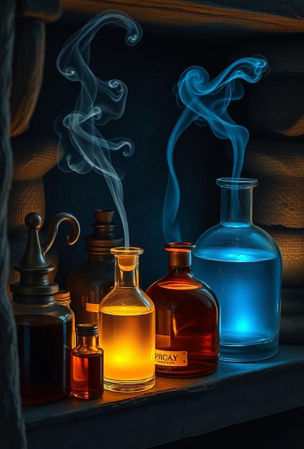 Suit of Potions — Ancient glass vials with glowing blue and amber liquids