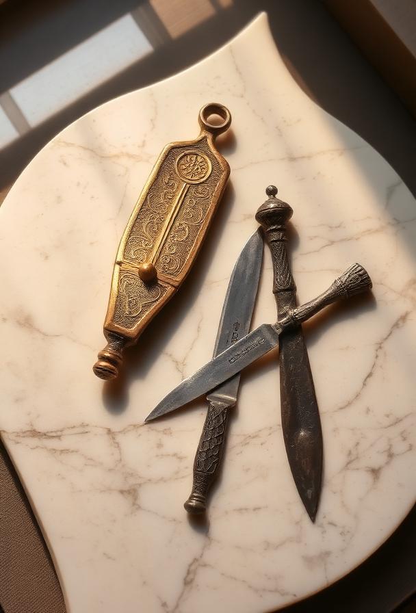 Suit of Tools — Bronze shuttle, silver knife, weaving tools on marble